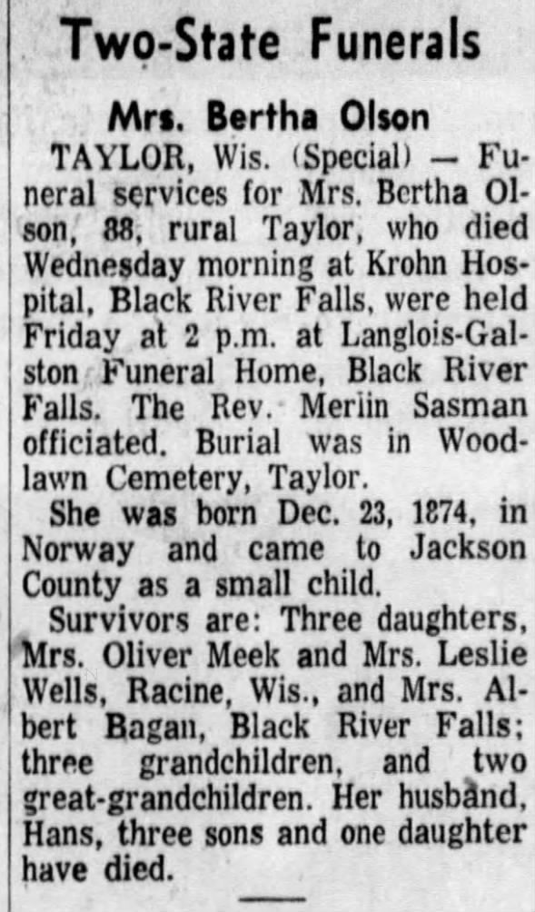 Obituary for Bertha Olson (Aged 88)